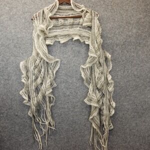 Knitted Ruffled Shawl Womens Cream Gray Waterfall Scarf Fringe Sheer Light 25x70